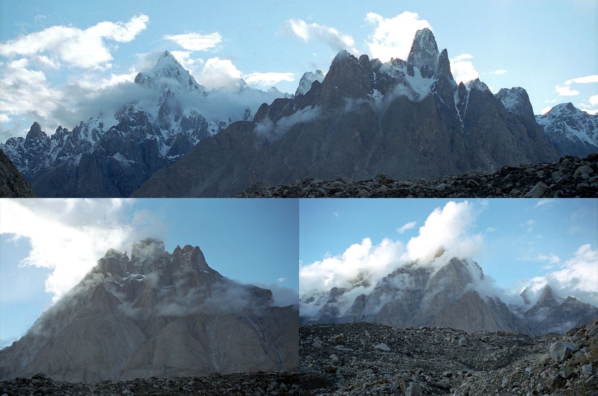 06 Clouds Clear In The Late Afternoon At Khoburtse Revealing Paiju Peak, Uli Biaho Tower, Trango Castle, Cathedral And Lobsang Spire